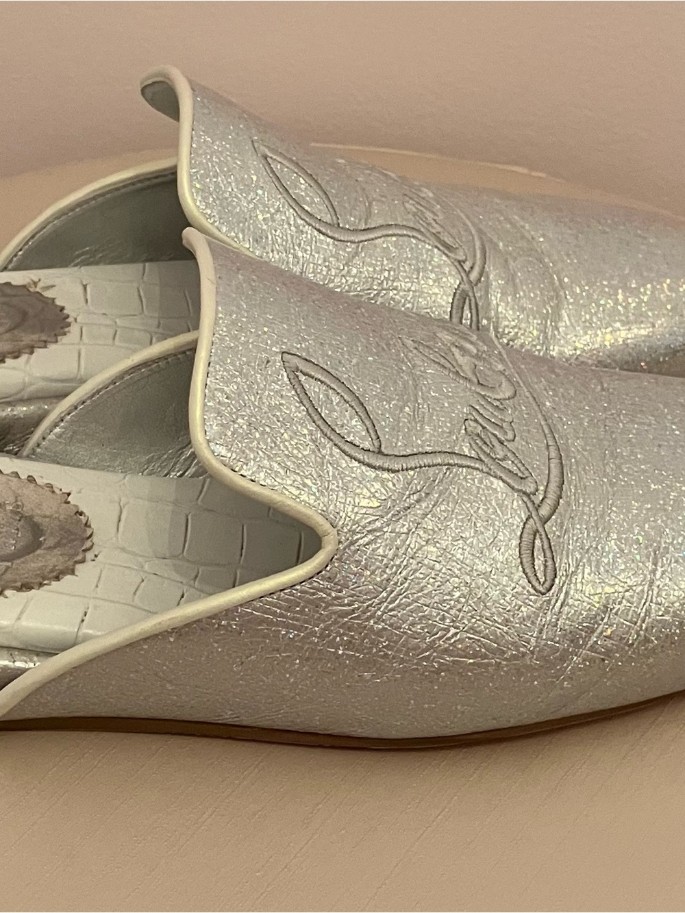 36 1/2 Christian Louboutin Silver Glitter Slip-On Mules with Red Sole - Picture 5 of 13